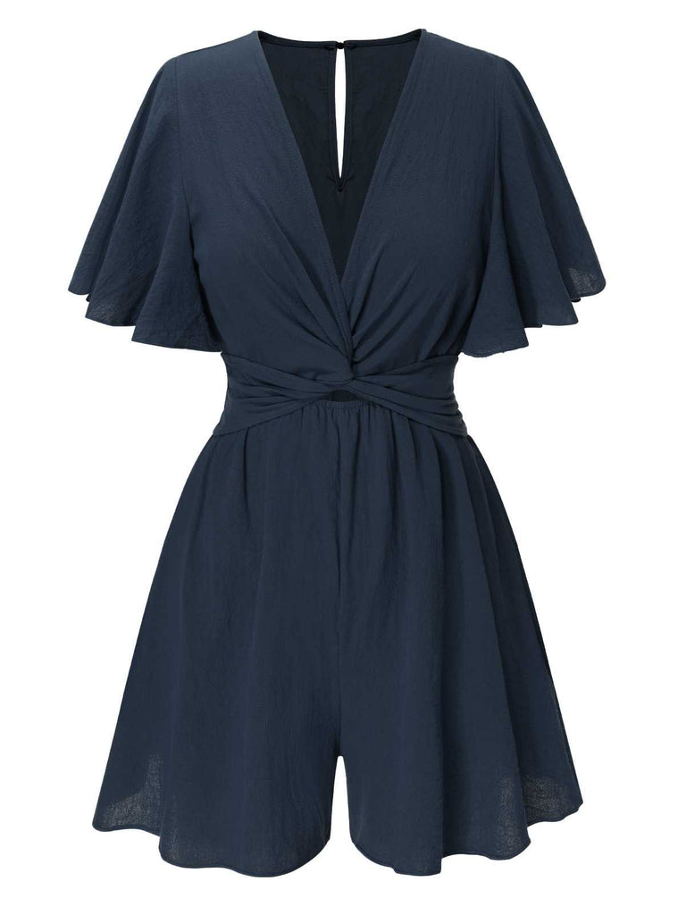 1950s Solid V-Neck Cotton Flounce Sleeve Romper - vintage jumpsuit, retro fashion