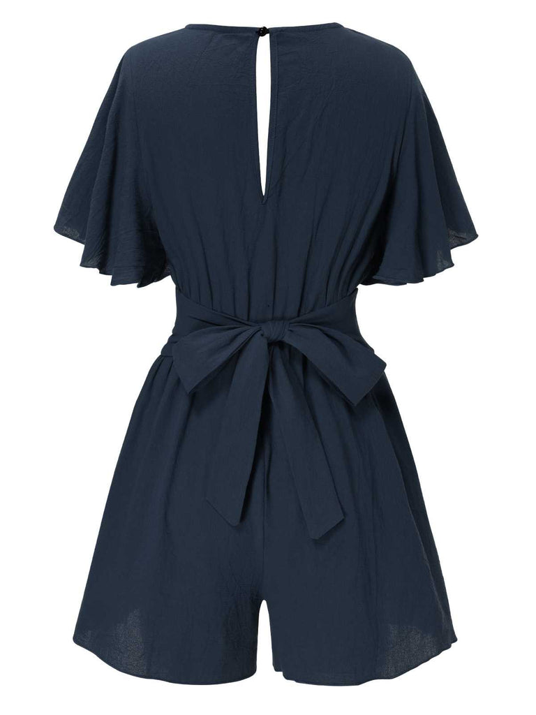 1950s Solid V-Neck Cotton Flounce Sleeve Romper - vintage jumpsuit, retro fashion