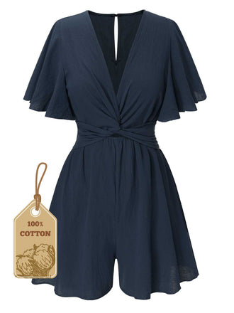 1950s Solid V-Neck Cotton Flounce Sleeve Romper - vintage jumpsuit, retro fashion