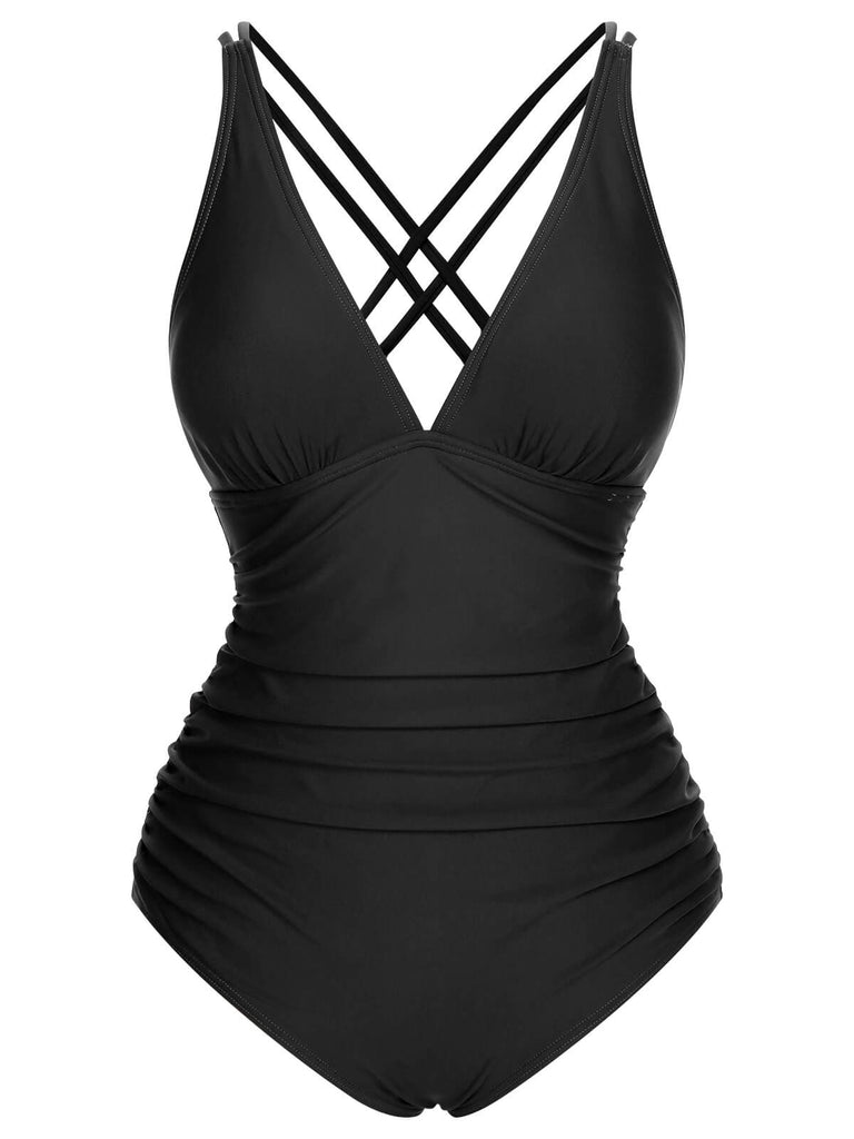1950s Solid V-Neck One-Piece Swimsuit: 1950s Riviera elegance, reimagined for her