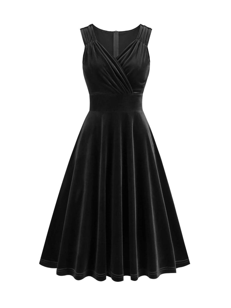 1950s Solid V-Neck Pleated Velvet Dress — a 1950s silhouette that turns sidewalks into runways