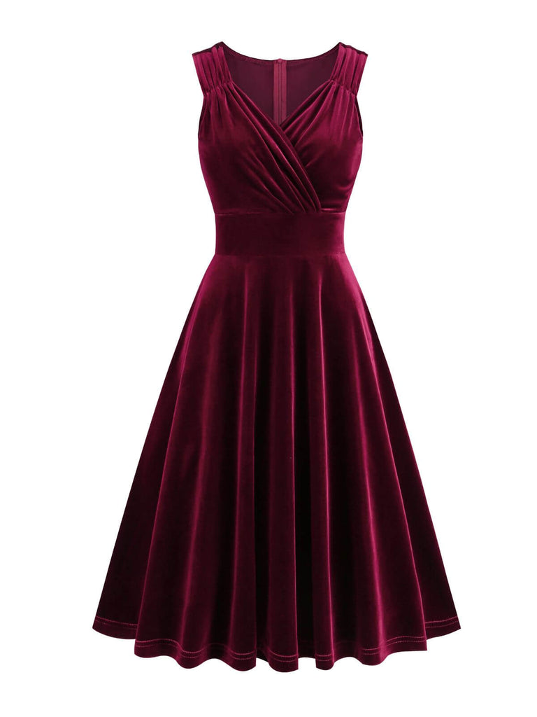 1950s Solid V-Neck Pleated Velvet Dress, vintage dress, retro fashion, rockabilly, pin-up fashion - perfect for women who love vintage and retro fashion