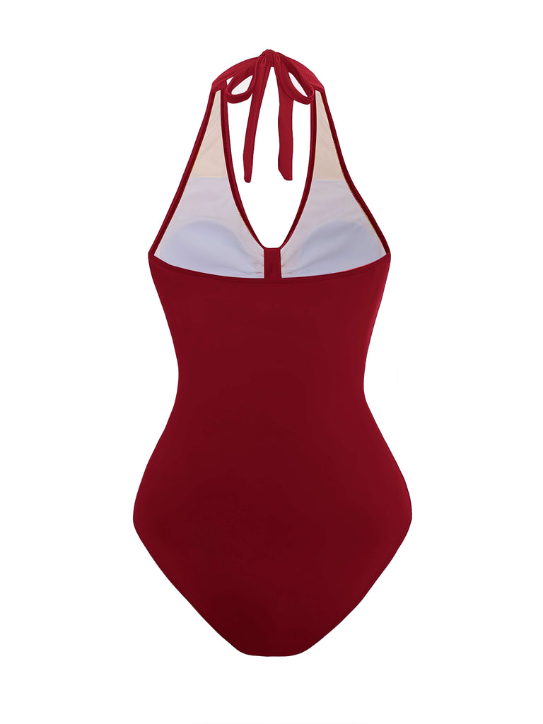 1950s Solid V-Neck Ruched Halter One-Piece Swimsuit, vintage swimsuit, pin-up swimwear - perfect for women who love vintage and retro fashion
