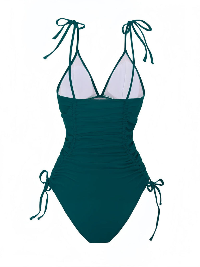 1950s Solid V-Neck Ruched One-Piece Swimsuit - vintage swimsuit, pin-up style