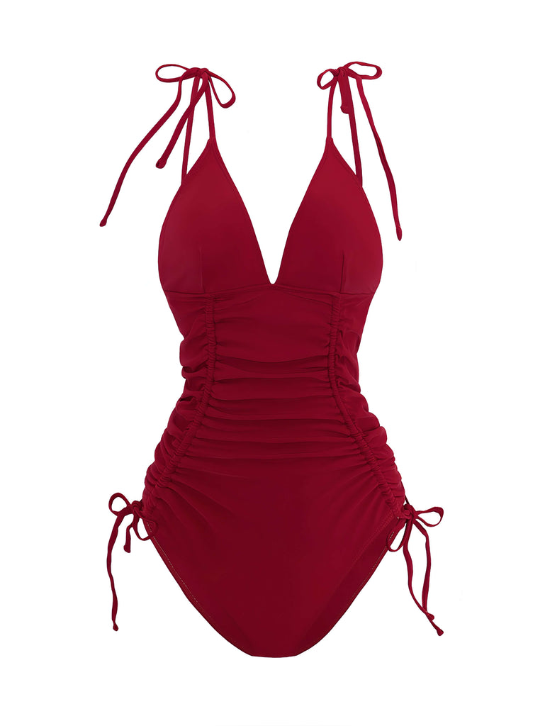 1950s Solid V-Neck Ruched One-Piece Swimsuit - vintage swimsuit, pin-up style