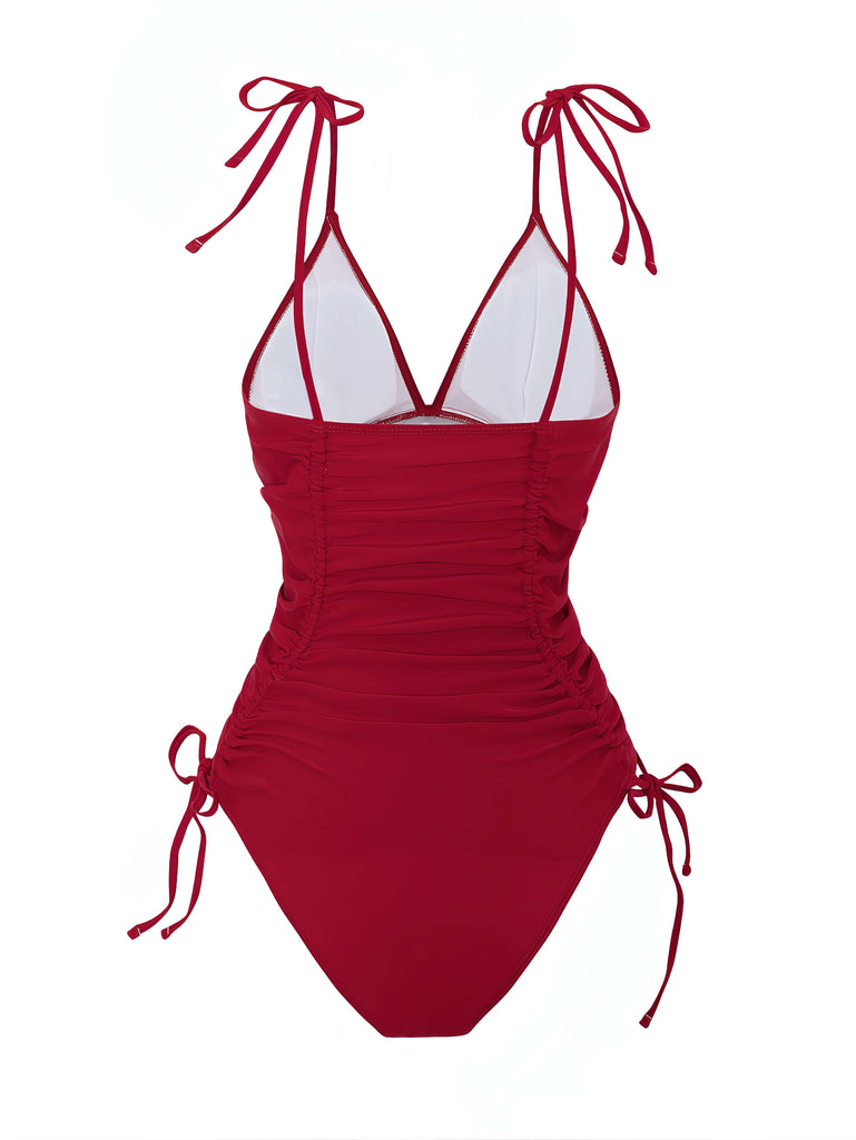 1950s Solid V-Neck Ruched One-Piece Swimsuit - vintage swimsuit, pin-up style