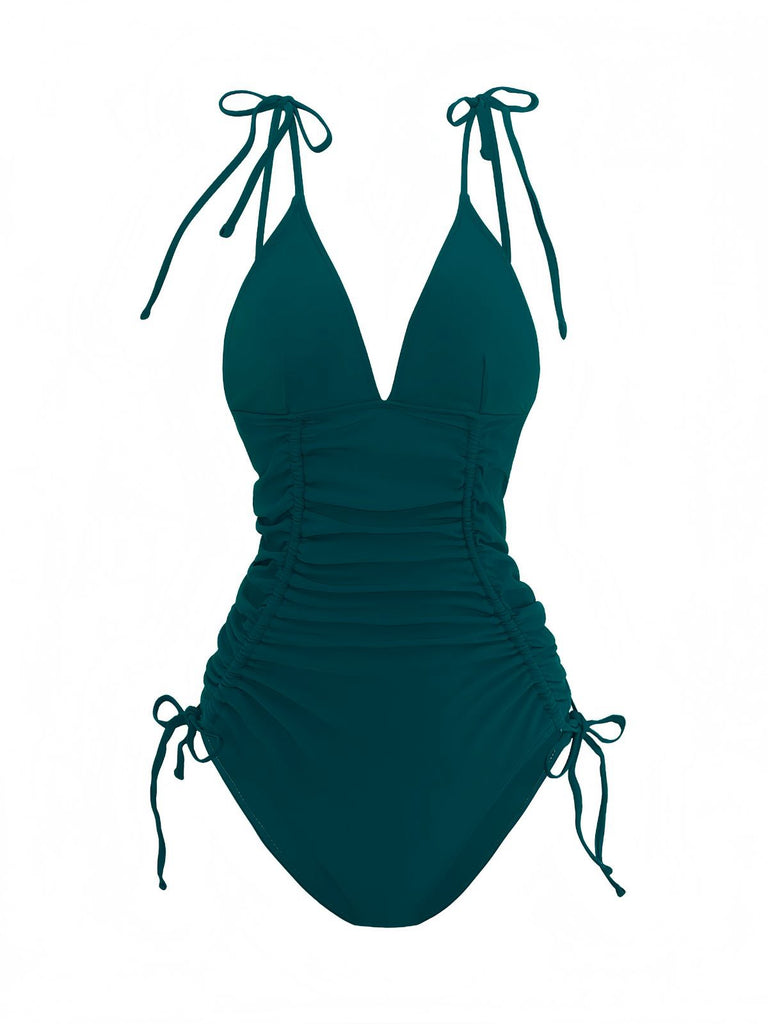 1950s Solid V-Neck Ruched One-Piece Swimsuit - vintage swimsuit, pin-up style