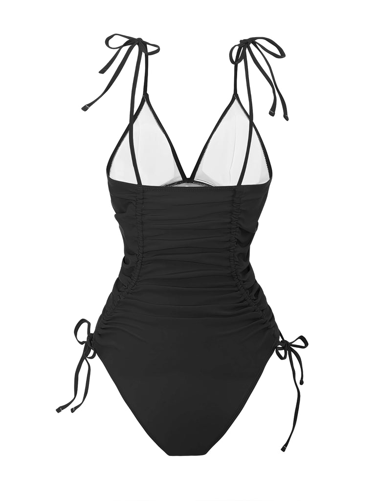 1950s Solid V-Neck Ruched One-Piece Swimsuit - vintage swimsuit, pin-up style