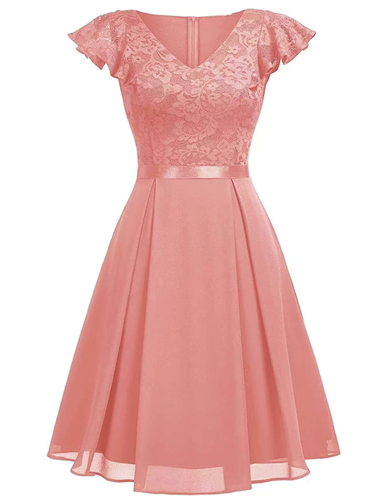 This 1950s Solid V-Neck Ruffle Sleeves Lace Dress wraps her in 1950s elegance, one twirl at a time