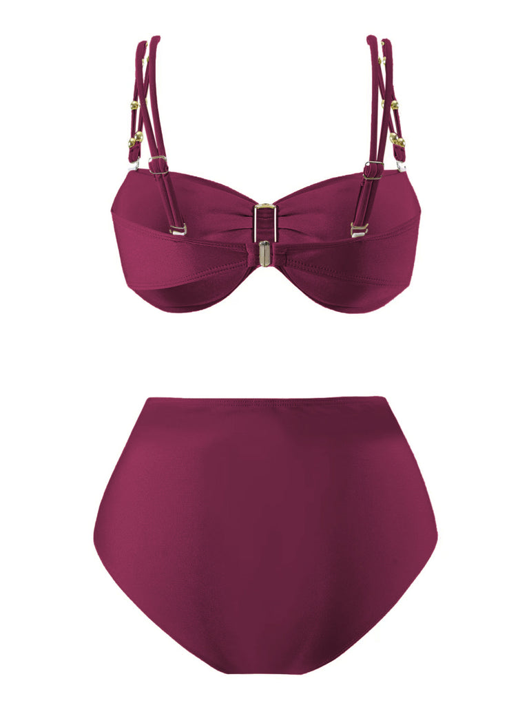 1950s Spaghetti Strap Jewel High-Waist Solid Bikini Set - vintage fashion, retro style