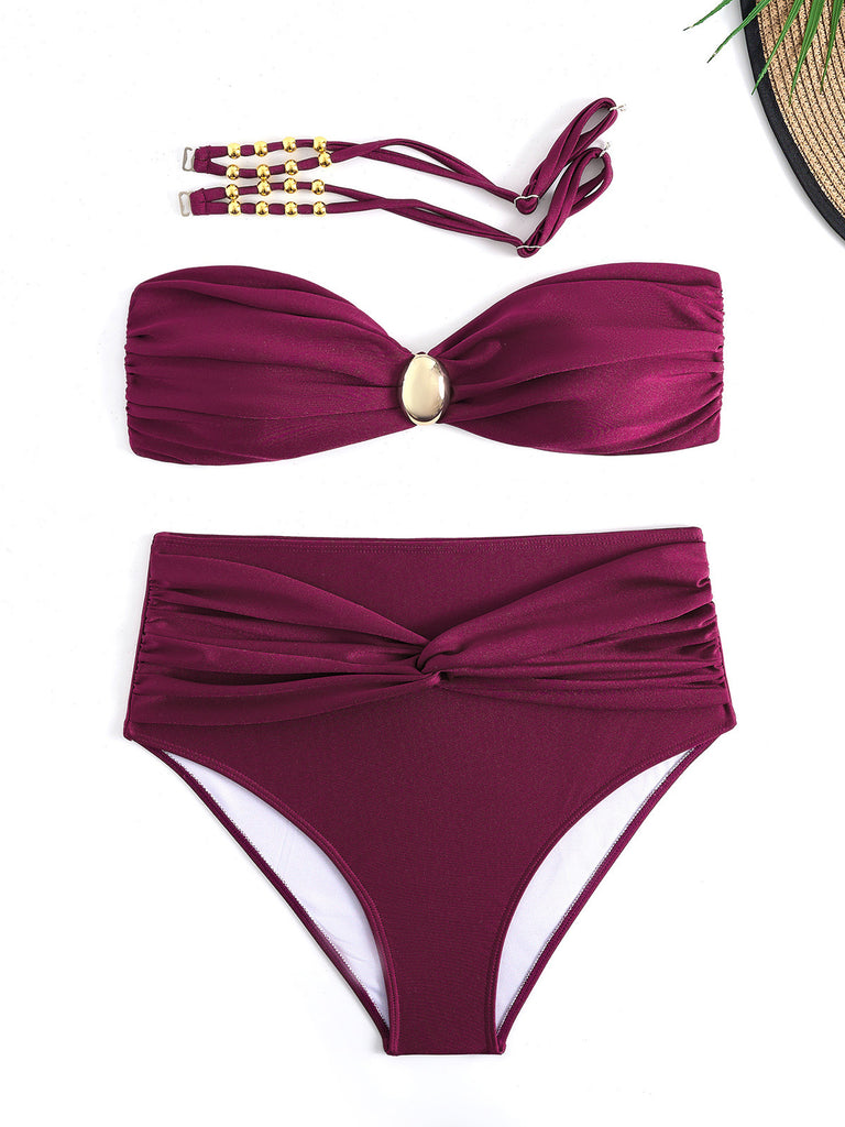 1950s Spaghetti Strap Jewel High-Waist Solid Bikini Set - vintage fashion, retro style