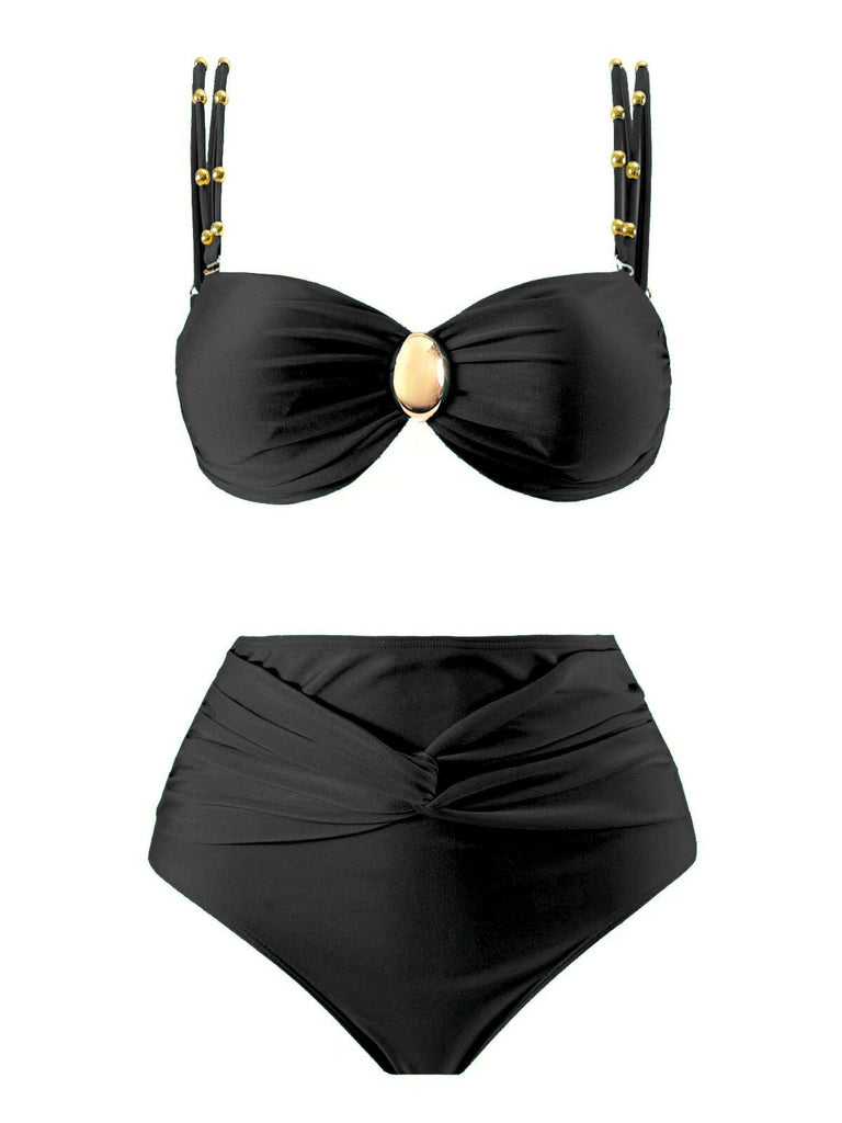 1950s Spaghetti Strap Jewel High-Waist Solid Bikini Set - vintage fashion, retro style