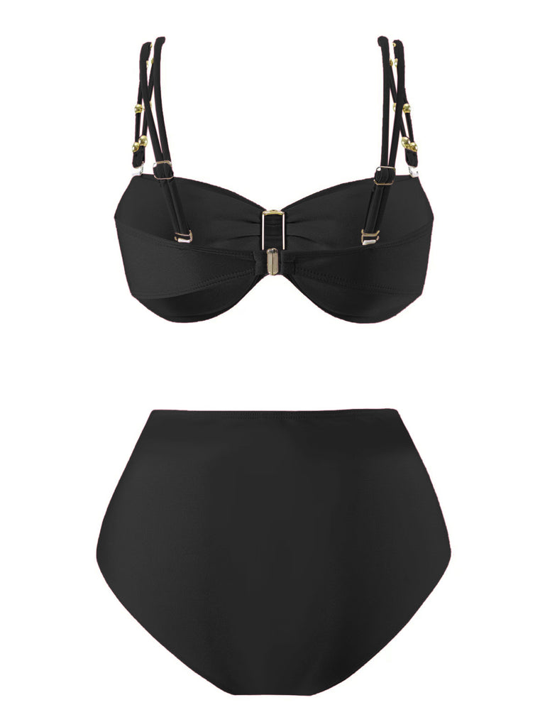 1950s Spaghetti Strap Jewel High-Waist Solid Bikini Set - vintage fashion, retro style