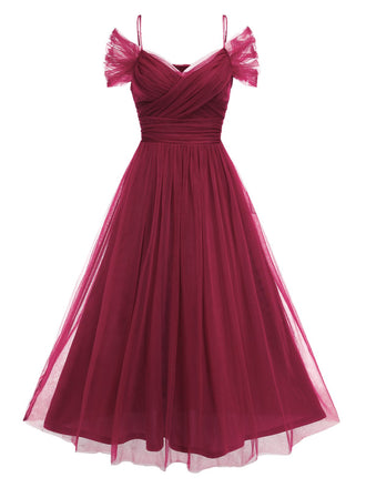 She slips into this 1950s Spaghetti Strap Off-Shoulder Mesh Dress and suddenly it's a 1950s daydream