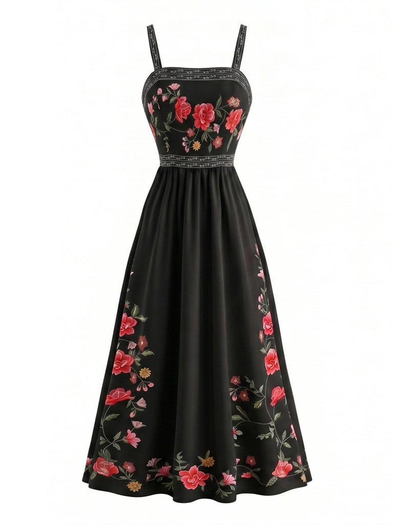1950s Spaghetti Strap Print Sleeveless Dress