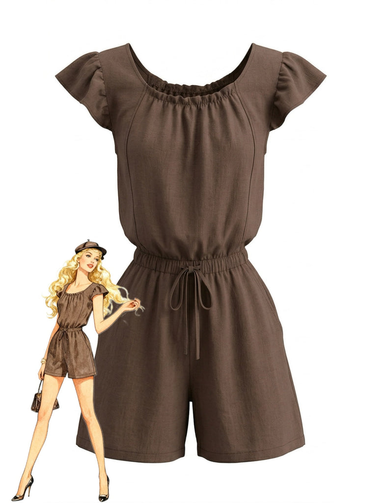 1950s Square Neck Ruffle Sleeve Drawstring Romper - vintage romper, retro jumpsuit for vintage lovers