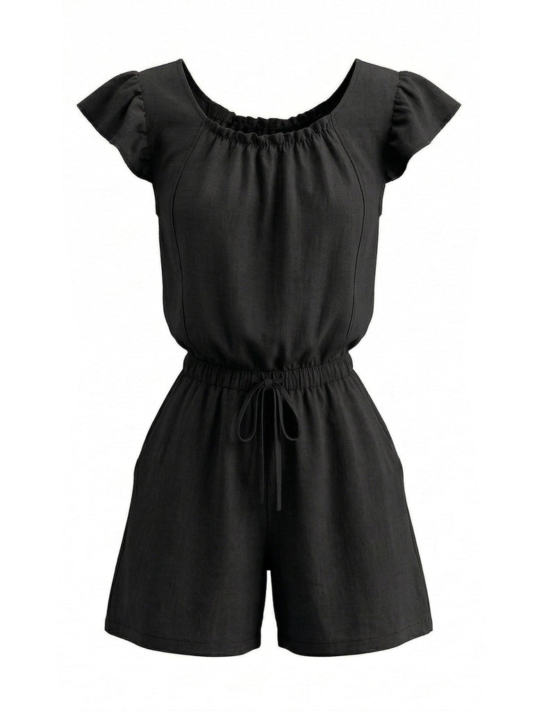 1950s Square Neck Ruffle Sleeve Drawstring Romper - vintage romper, retro jumpsuit for vintage lovers