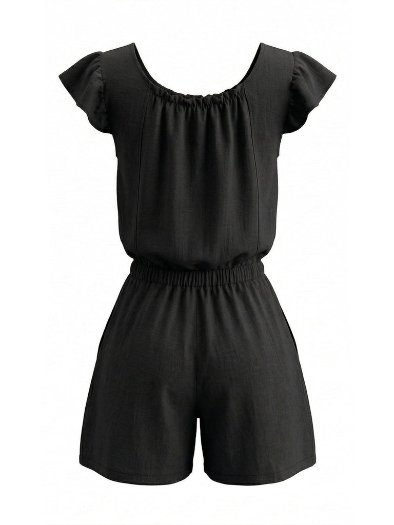 1950s Square Neck Ruffle Sleeve Drawstring Romper - vintage romper, retro jumpsuit for vintage lovers