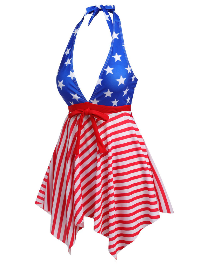 1950s Star Stripe Halter Swimsuit, vintage swimsuit, pin-up swimwear - perfect for women who love vintage and retro fashion
