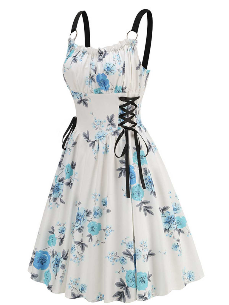 1950s Strap Floral Butterflies Lace-Up Corset Dress - vintage dress, retro fashion, rockabilly