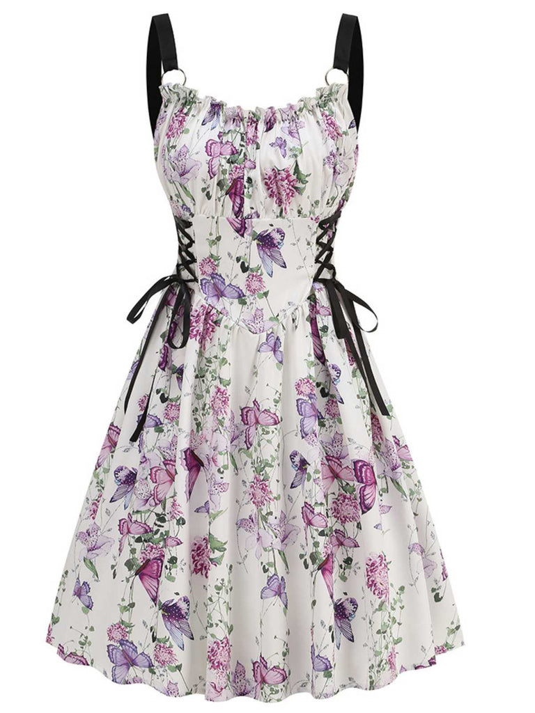 1950s Strap Floral Butterflies Lace-Up Corset Dress - vintage dress, retro fashion, rockabilly