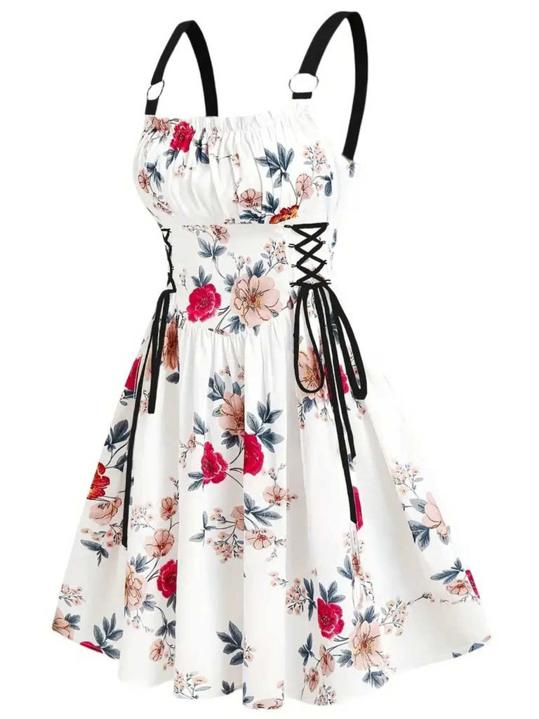1950s Strap Floral Butterflies Lace-Up Corset Dress - vintage dress, retro fashion, rockabilly