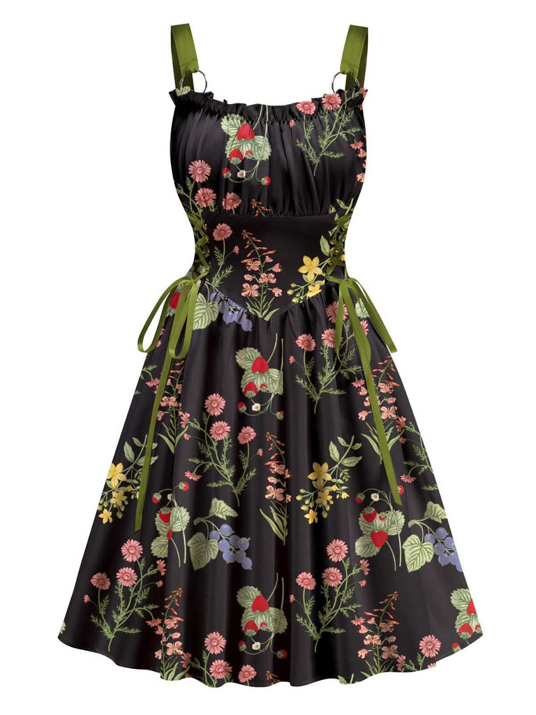 1950s Strap Floral Lace-Up Corset Dress - vintage dress, retro fashion, rockabilly
