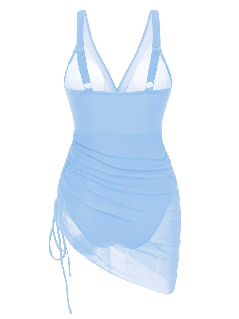 1950s Strap Sheer Mesh Solid One-Piece Swimsuit — 1950s poolside glamour meets sun-drenched confidence