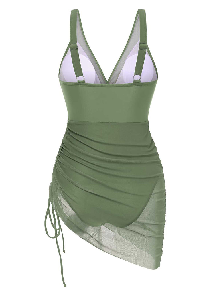 1950s Strap Sheer Mesh Solid One-Piece Swimsuit: 1950s Riviera elegance, reimagined for her