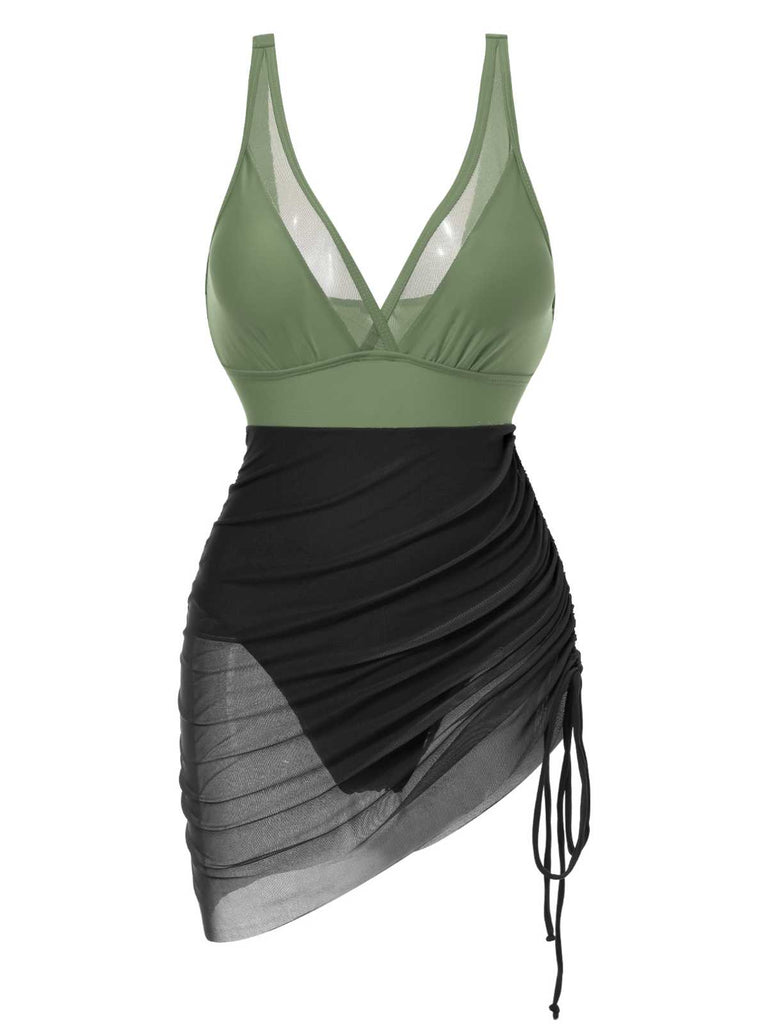 This 1950s Strap Sheer Mesh Solid One-Piece Swimsuit carries 1950s vacation dreams in every stitch