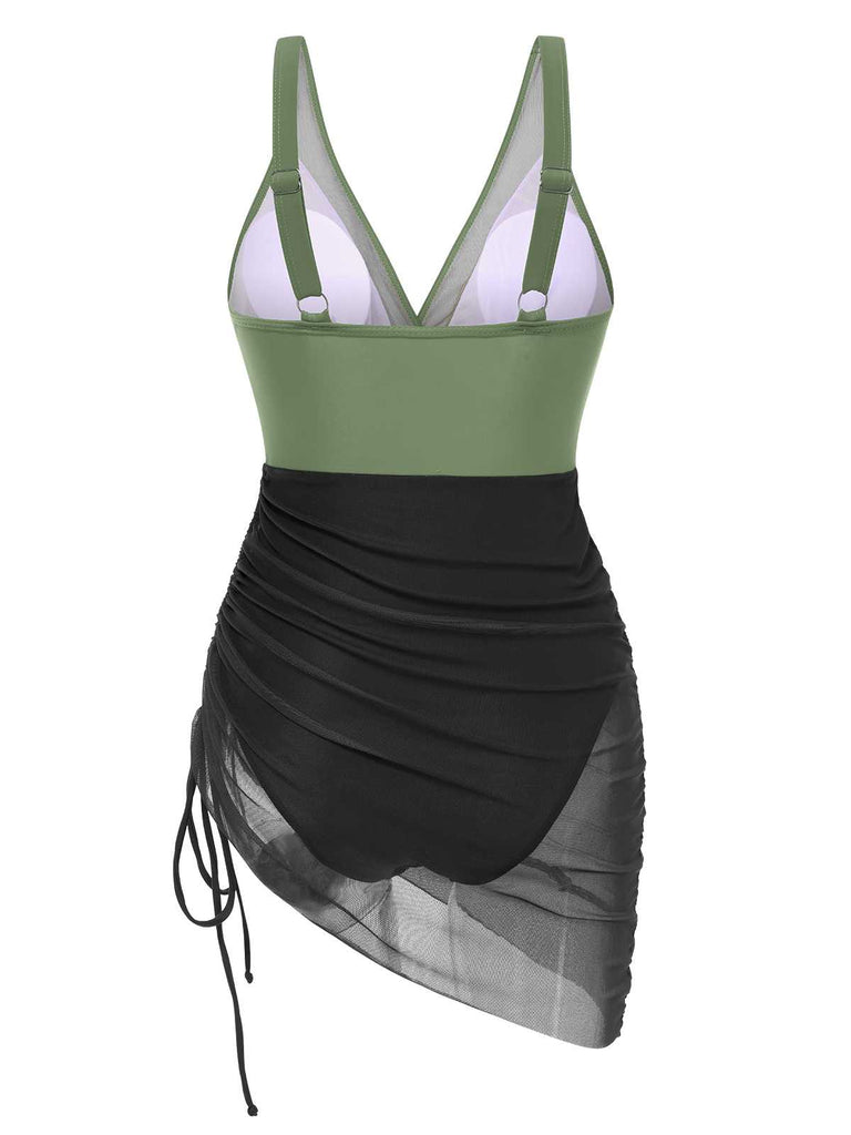 1950s Strap Sheer Mesh Solid One-Piece Swimsuit — 1950s poolside glamour meets sun-drenched confidence