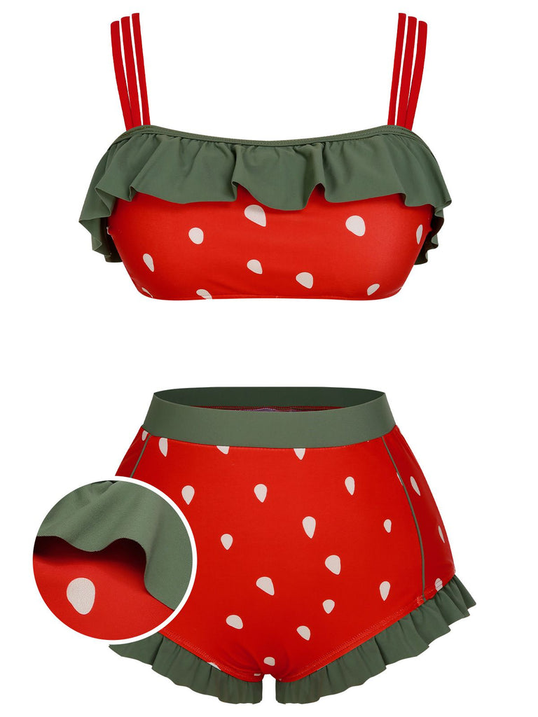 1950s Strawberry Ruffle Strap Swimsuit - vintage swimwear, retro beach style for women