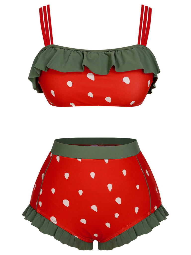 1950s Strawberry Ruffle Strap Swimsuit - vintage swimwear, retro beach style for women
