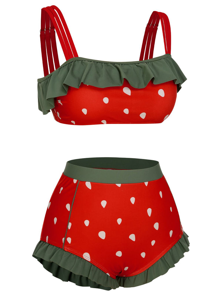 1950s Strawberry Ruffle Strap Swimsuit - vintage swimwear, retro beach style for women