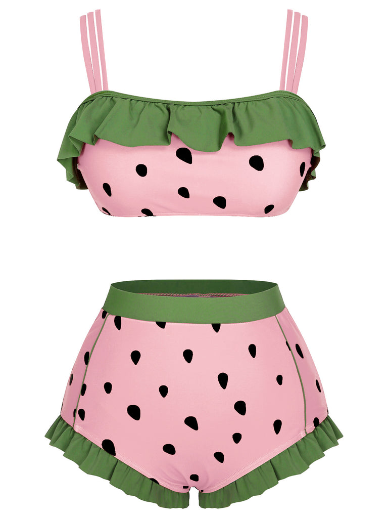 This 1950s Strawberry Ruffle Strap Swimsuit carries 1950s vacation dreams in every stitch
