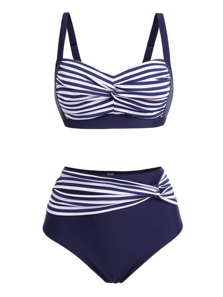 [Plus Size] 1950s Stripe Twisted Patchwork Strap Swimsuit, vintage swimsuit, pin-up swimwear - perfect for women who love vintage and retro fashion