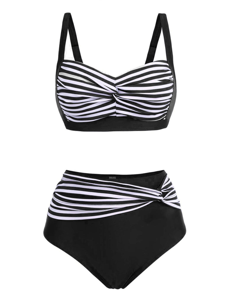 [Plus Size] 1950s Stripe Twisted Patchwork Strap Swimsuit, vintage swimsuit, pin-up swimwear - perfect for women who love vintage and retro fashion