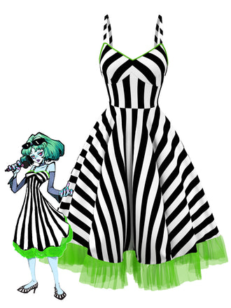 She slips into this & 1950s Striped Fluorescent Lace Dress and suddenly it's a 1950s daydream