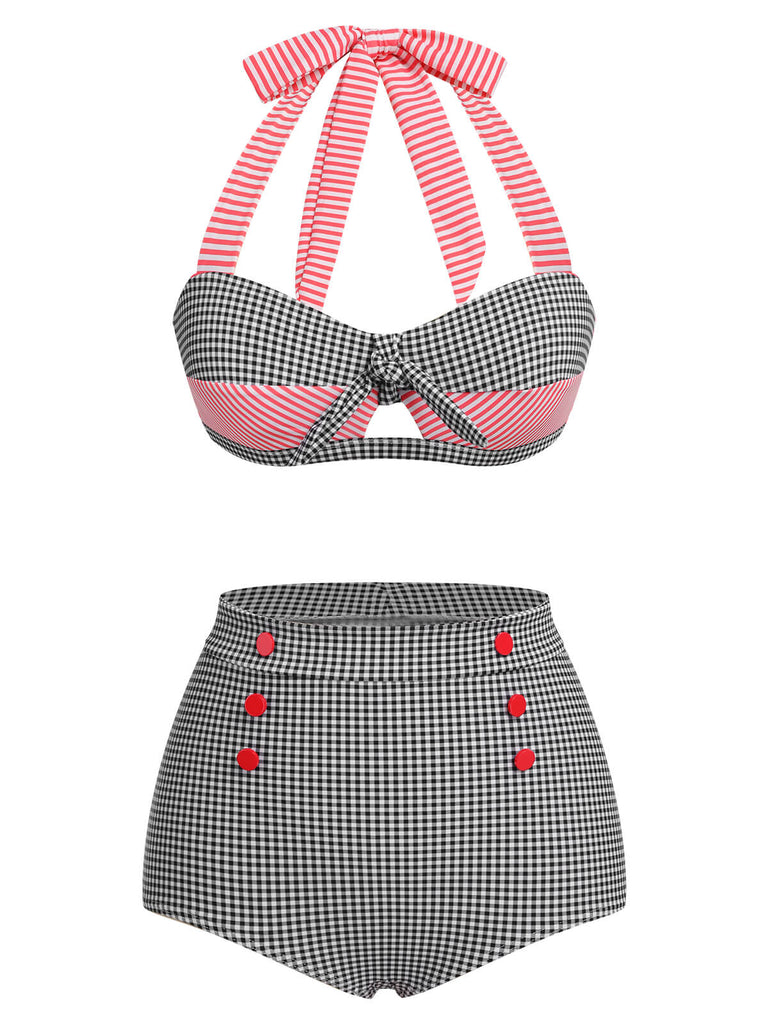 1950s Striped Patchwork Halter Swimsuit, vintage swimsuit, pin-up swimwear - perfect for women who love vintage and retro fashion