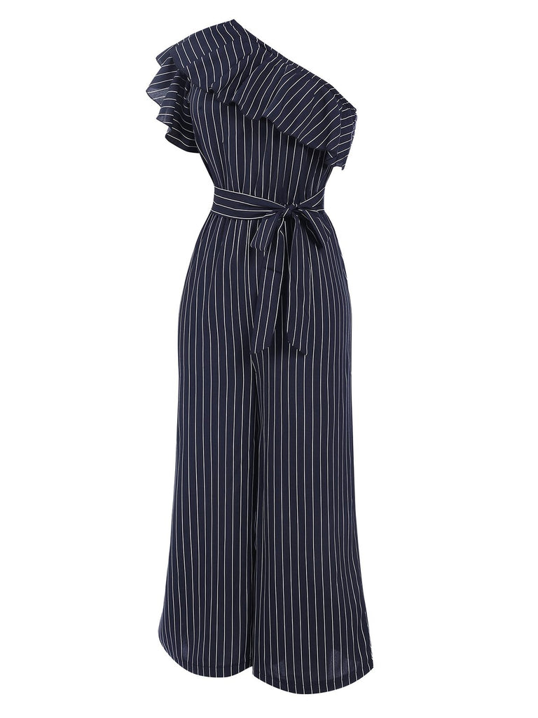 1950s Striped Slanted Shoulder Ruffle Jumpsuit, vintage romper, retro jumpsuit - perfect for women who love vintage and retro fashion