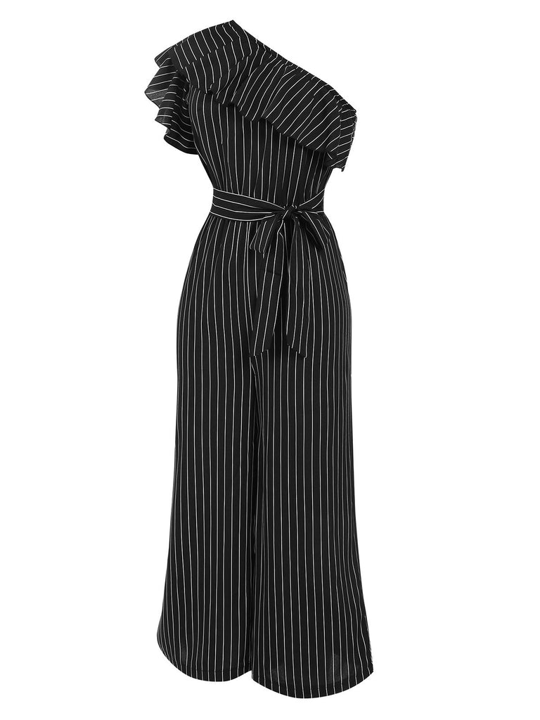 1950s Striped Slanted Shoulder Ruffle Jumpsuit, vintage romper, retro jumpsuit - perfect for women who love vintage and retro fashion