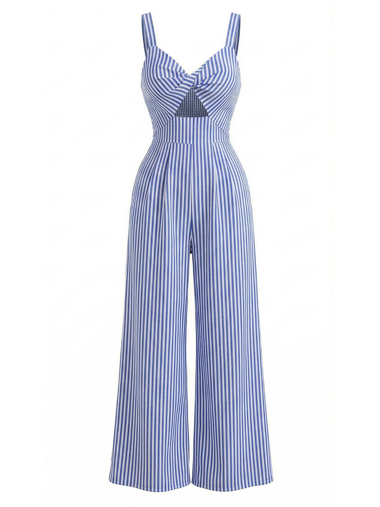 Blue 1950s Striped V-Neck Halter Hollow Jumpsuit 2