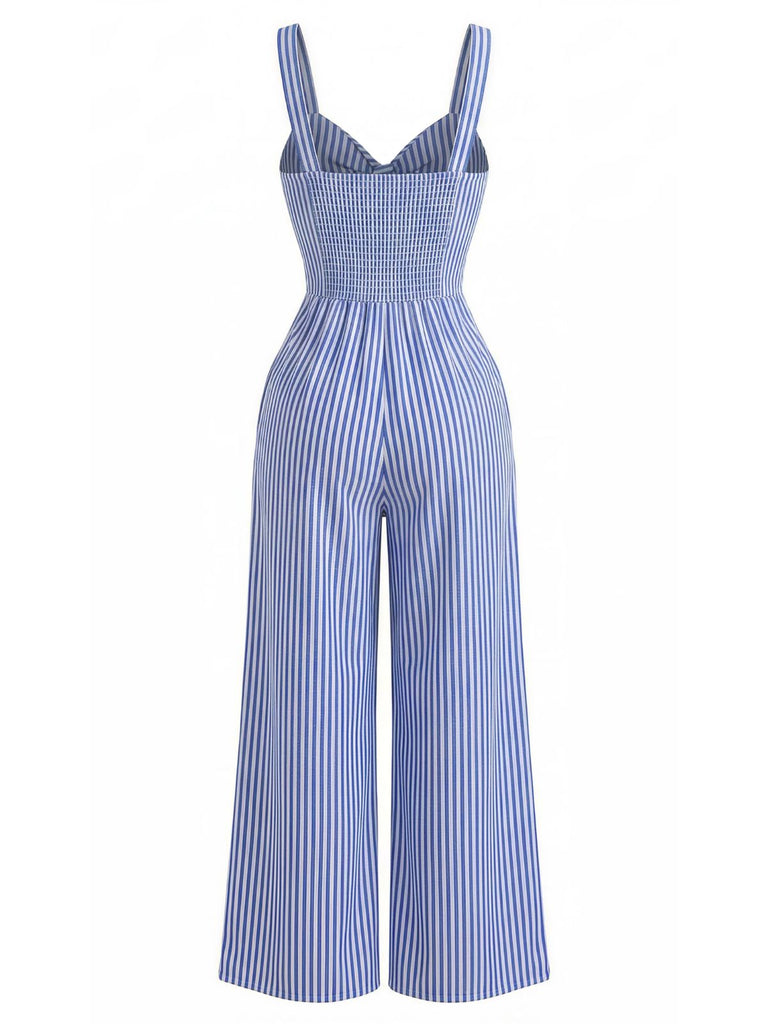 Blue 1950s Striped V-Neck Halter Hollow Jumpsuit 3