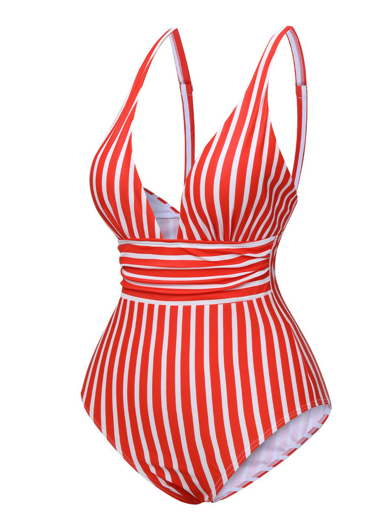 1950s Stripes Spaghetti Strap One-Piece Swimsuit: 1950s Riviera elegance, reimagined for her
