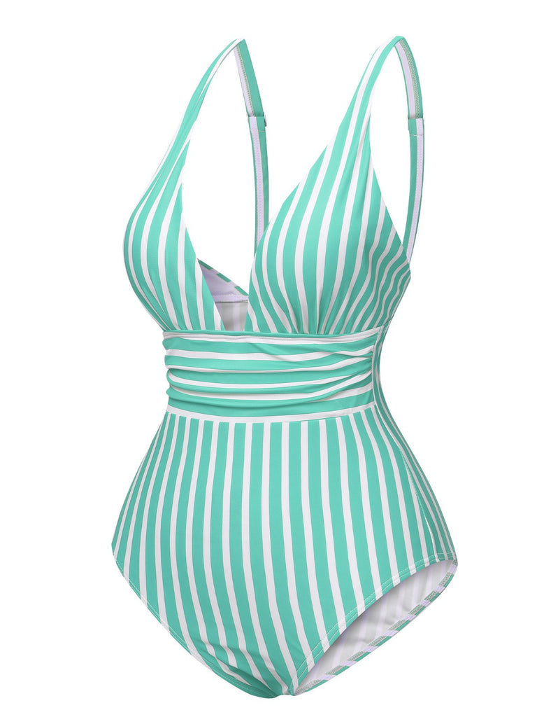 1950s Stripes Spaghetti Strap One-Piece Swimsuit, vintage swimsuit, pin-up swimwear - perfect for women who love vintage and retro fashion