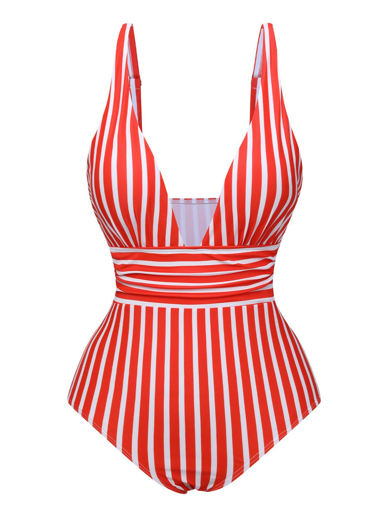 1950s Stripes Spaghetti Strap One-Piece Swimsuit, vintage swimsuit, pin-up swimwear - perfect for women who love vintage and retro fashion