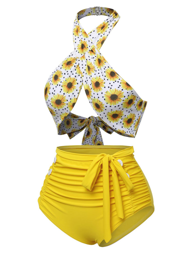 Yellow 1950s Sunflower Cross Halter Swimsuit, vintage swimsuit, pin-up swimwear - perfect for women who love vintage and retro fashion