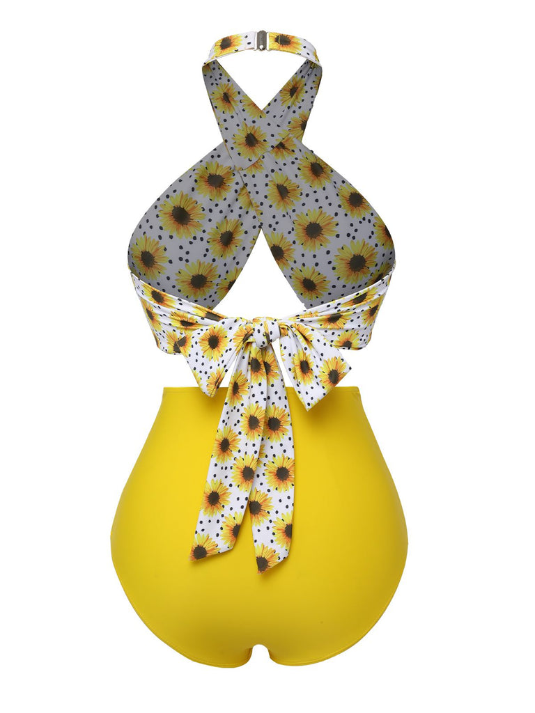 Yellow 1950s Sunflower Cross Halter Swimsuit, vintage swimsuit, pin-up swimwear - perfect for women who love vintage and retro fashion