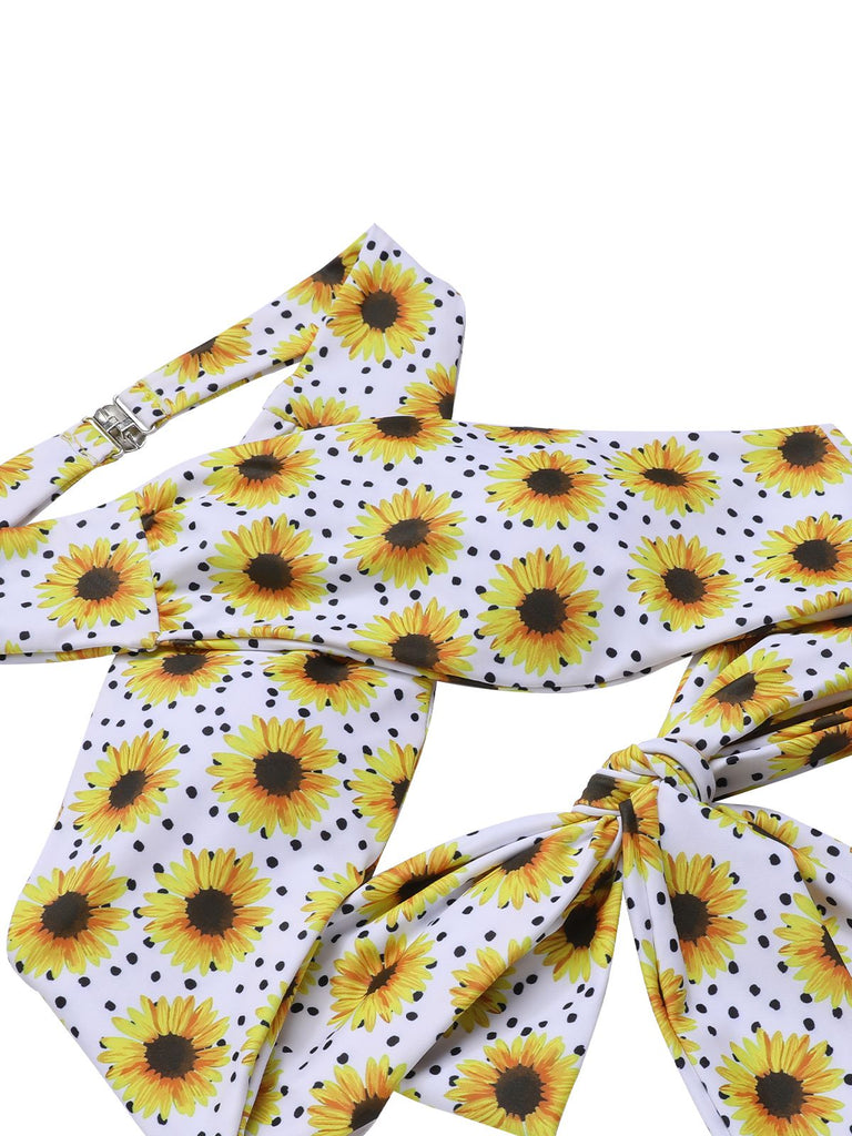 Yellow 1950s Sunflower Cross Halter Swimsuit, vintage swimsuit, pin-up swimwear - perfect for women who love vintage and retro fashion