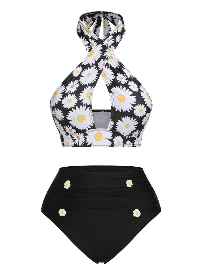 1950s Sunflower Cross Halter Swimsuit: 1950s Riviera elegance, reimagined for her